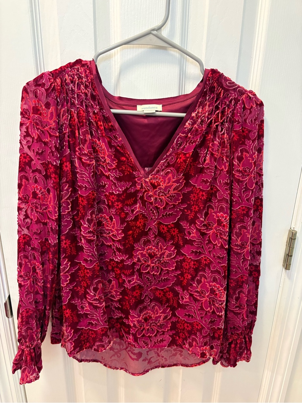Sundance Magenta and Burgundy Floral Velvet Burnout V-Neck Blouse